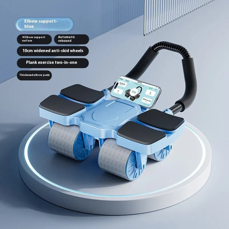 Black automatic rebound abdominal wheel with four wheels and smartphone showing fitness app