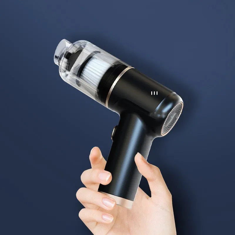 Black wireless car vacuum cleaner with multiple nozzle attachments including brush heads and suction tools