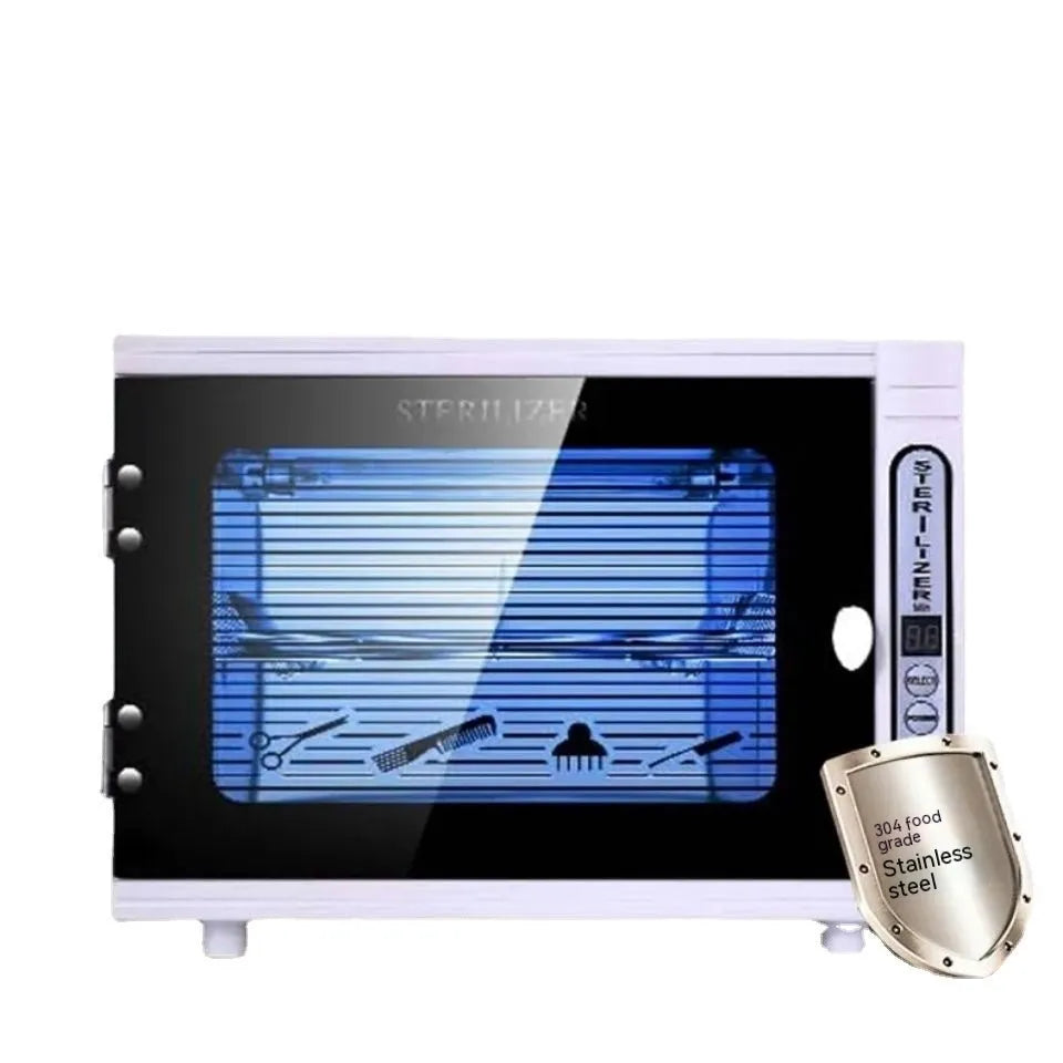 Small silver ultraviolet sterilizer with stainless steel chamber for salon tool hygiene.