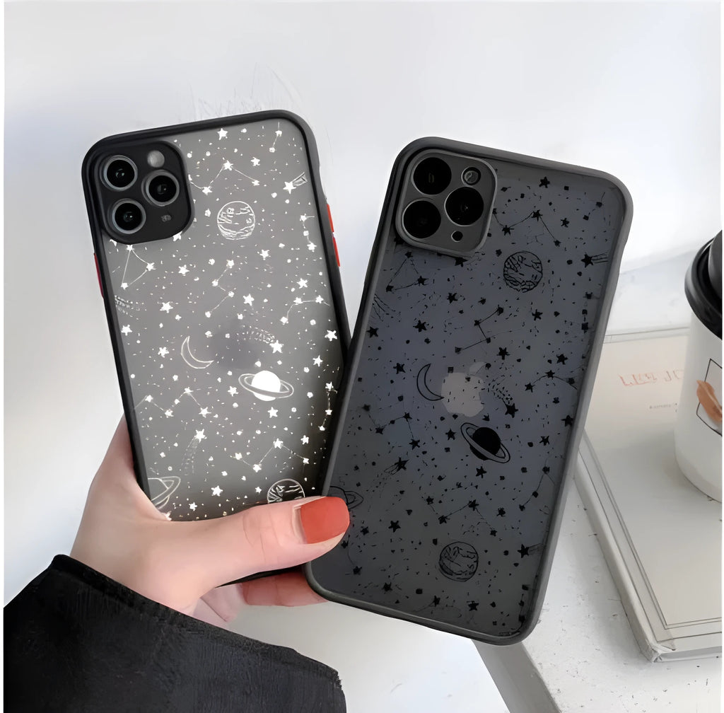 Black and white iPhone cases with textured surface and blue light reduction feature for multiple models.