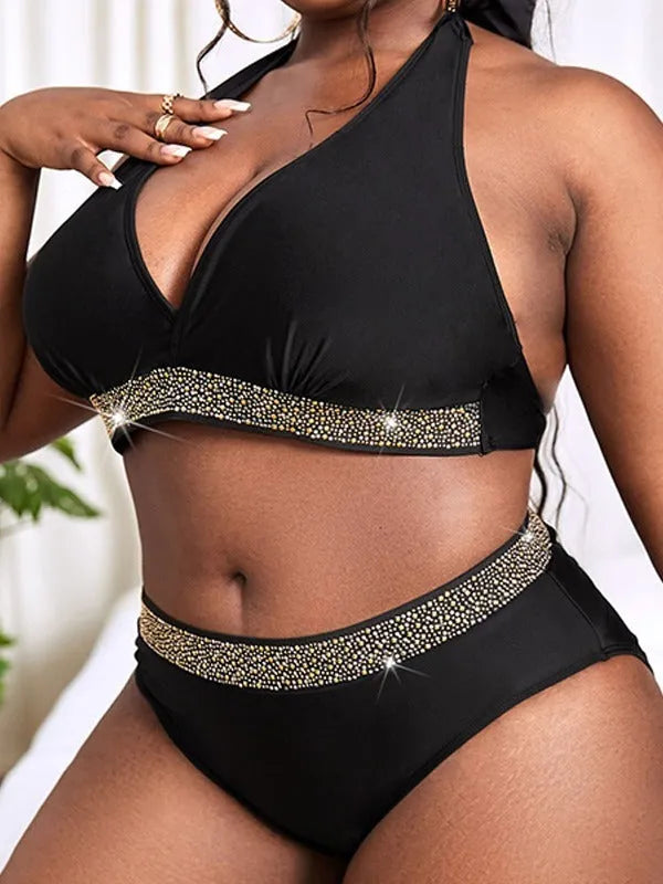 Black plus size women's two-piece bikini swimsuit on hanger