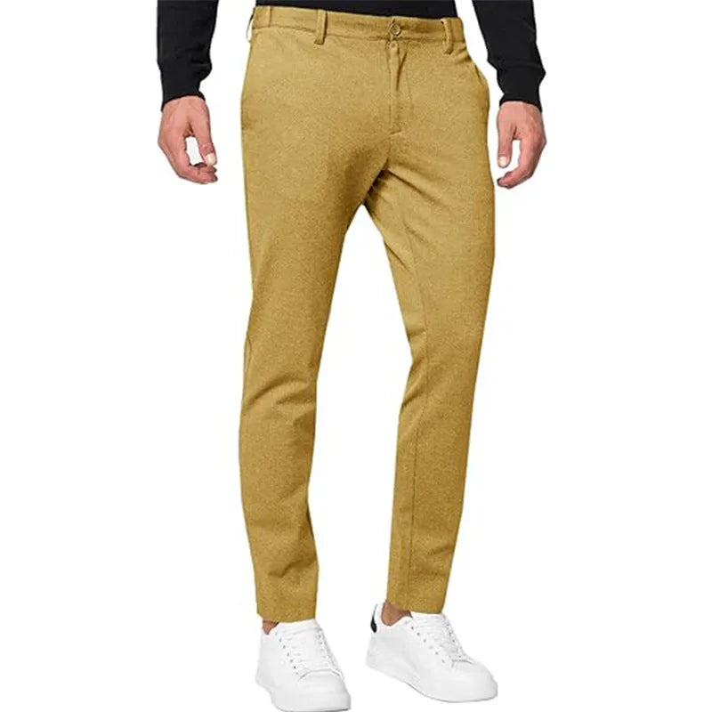 Men's slim-fit tapered chino trousers in stretch cotton blend fabric available in five colours