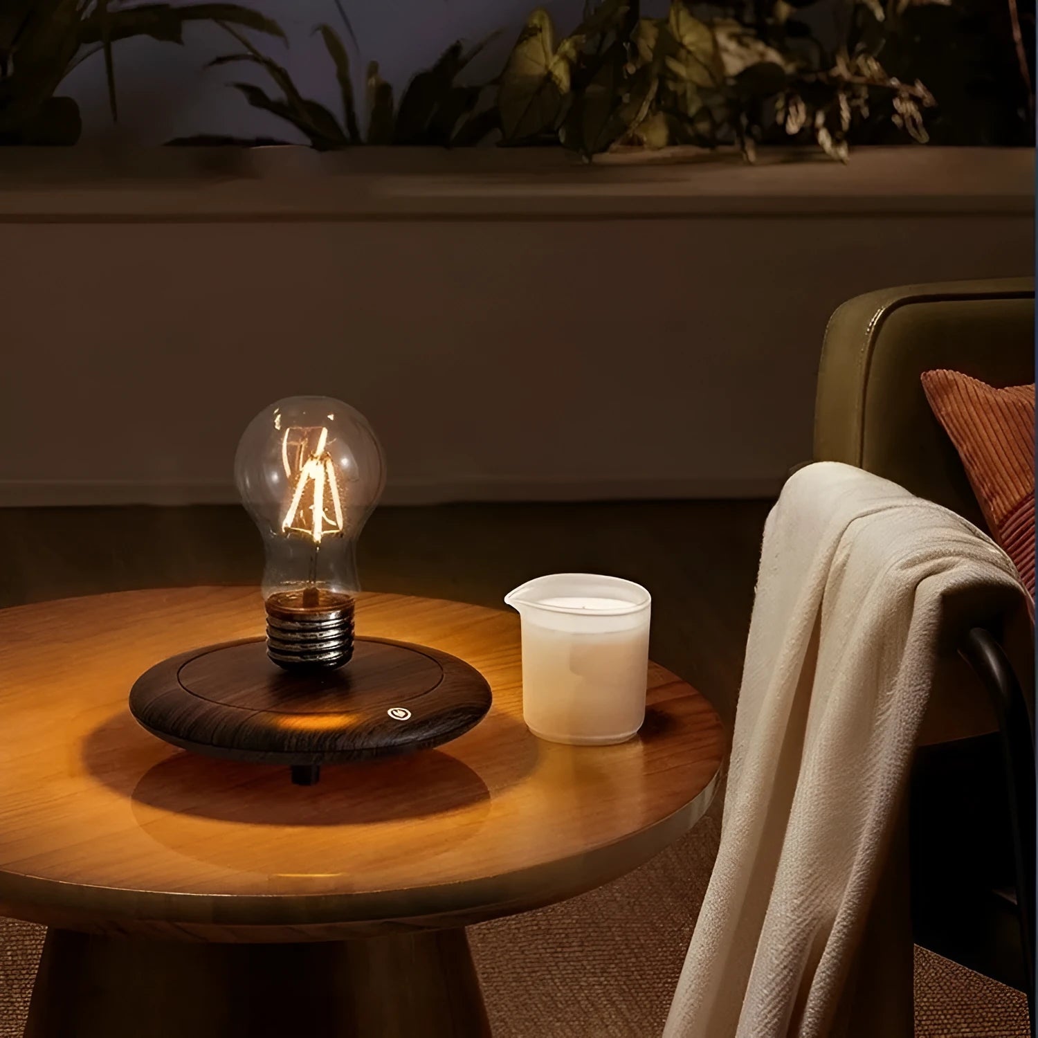 Suspension bulb creative night lamp with iron art construction on black wood grain base