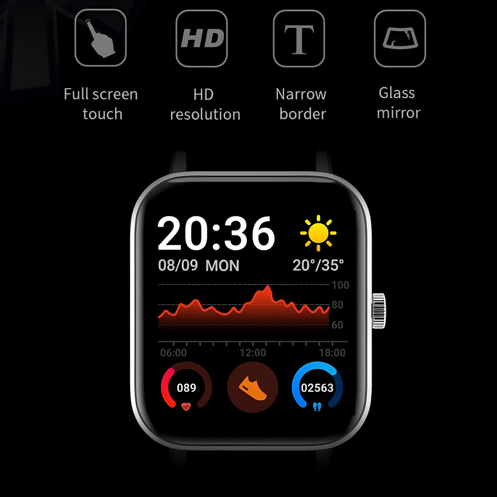 Y30 smartwatch with 1.54 inch touch screen displaying heart rate data, available in black blue pink silver gray