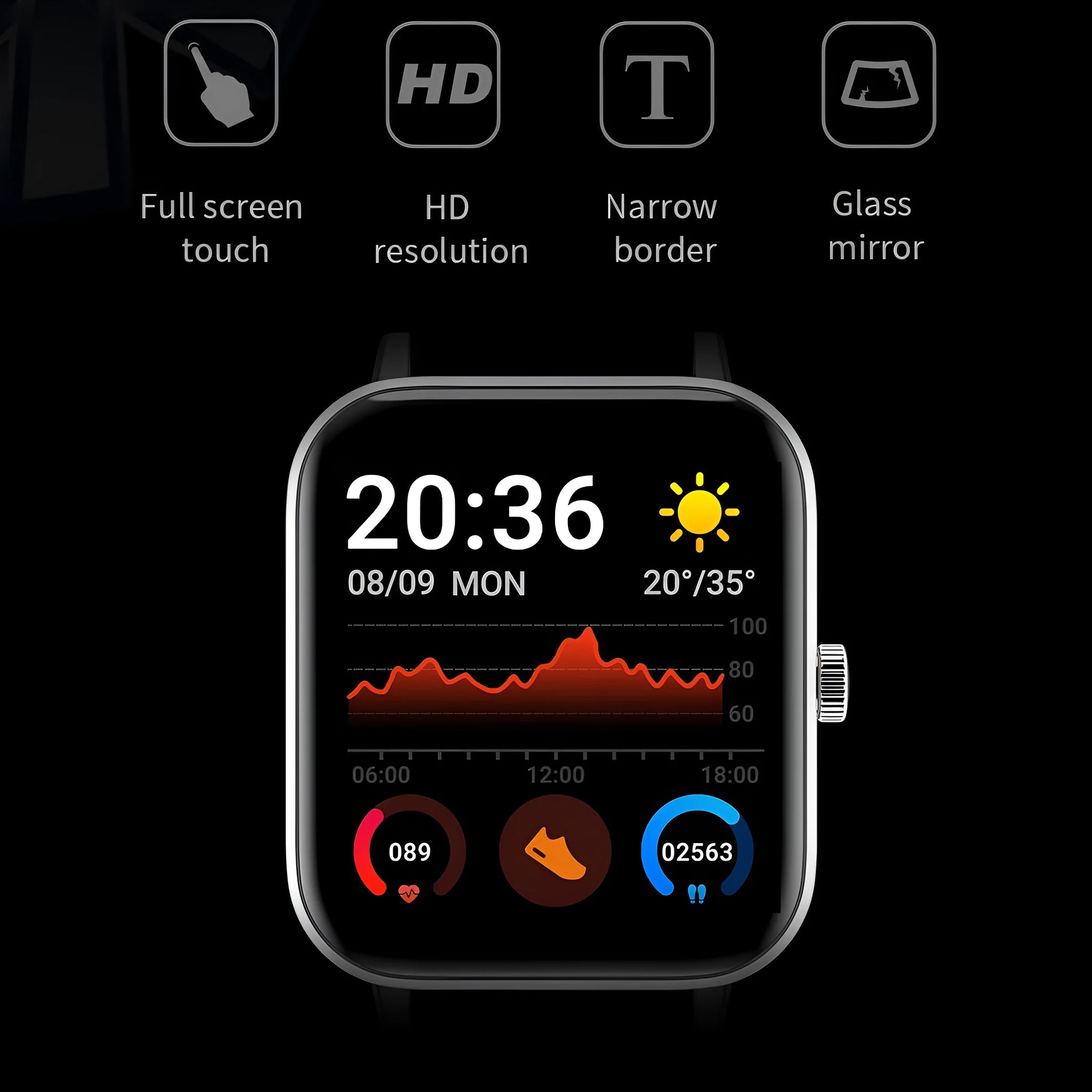 Y30 smartwatch with 1.54 inch touch screen displaying heart rate data, available in black blue pink silver gray