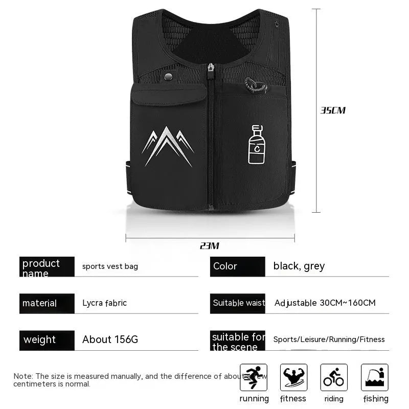 Unisex breathable mesh running vest with integrated phone pocket, shown in classic black and moonlight grey colours.