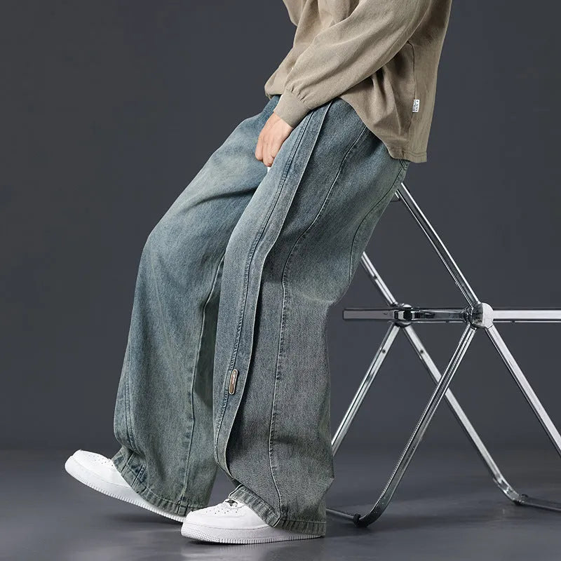 Retro patchwork washed oversized jeans for men in black, blue, and gray blue