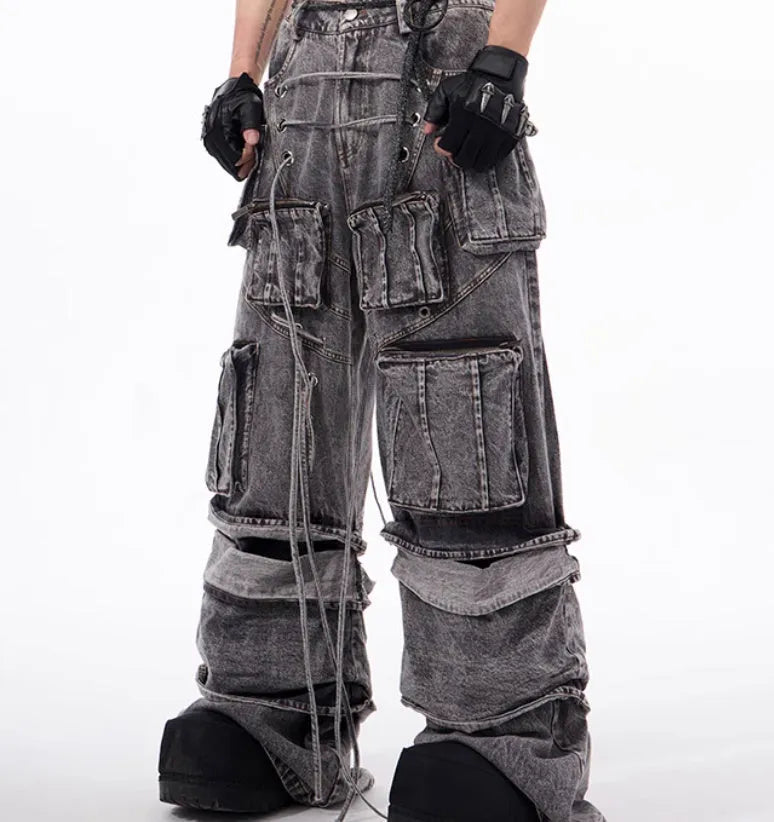 Grey distressed denim men's overalls with rope stitching detail on the front