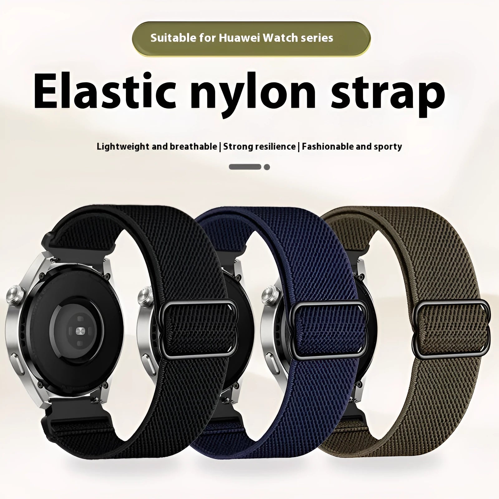 Quick release elastic polyester woven watch strap in black, 20mm width, for Samsung, Garmin, Huawei smartwatches
