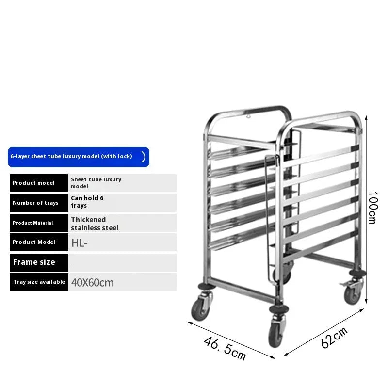 Six-tier stainless steel baking cooling rack with locking mechanism for 40x60cm trays.