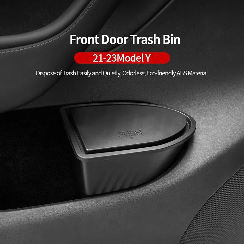 Two black ABS plastic car door trash cans designed for the front door pockets of a Tesla Model Y.