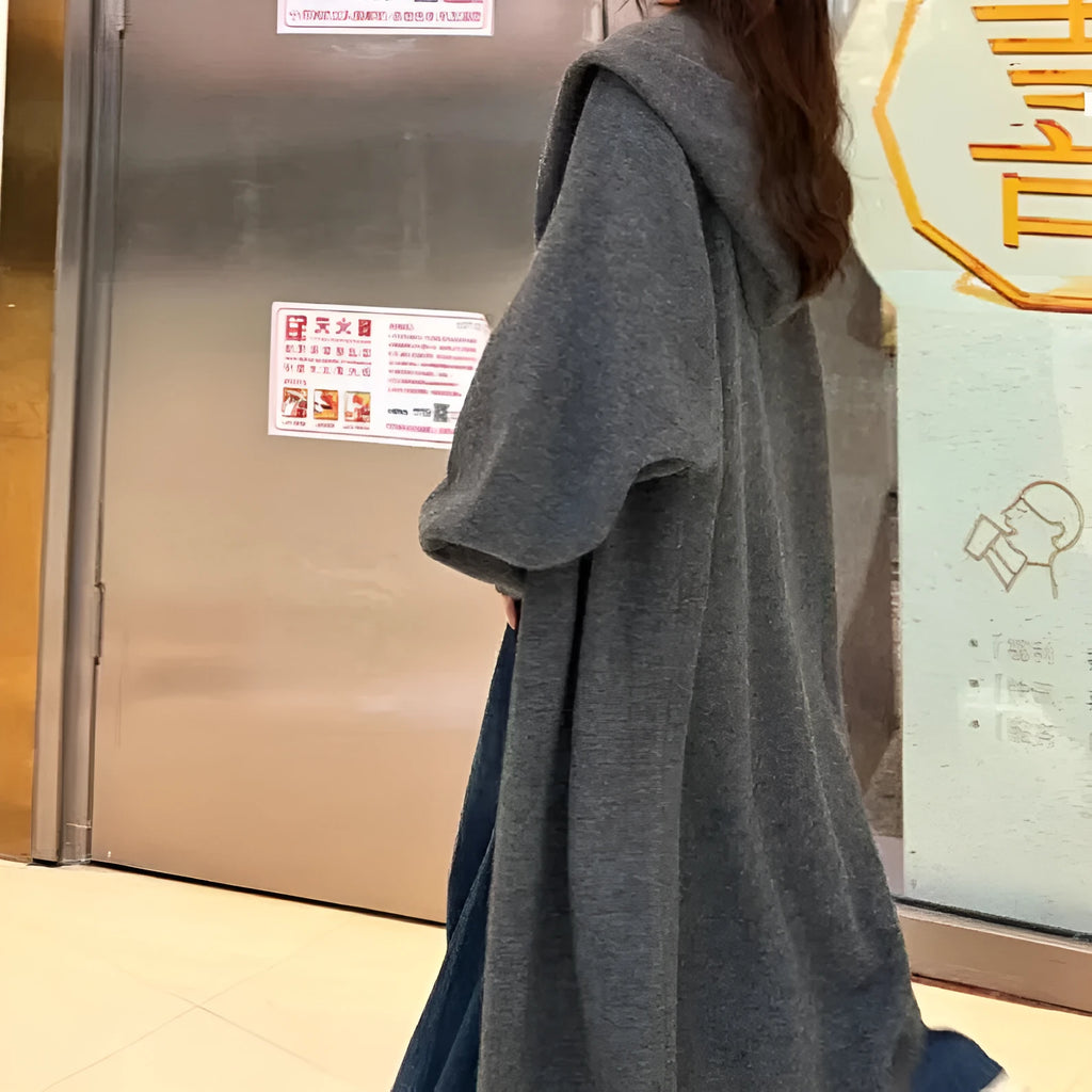 Women's long knitted cardigan with hood in oatmeal colour, below knee length, loose fit