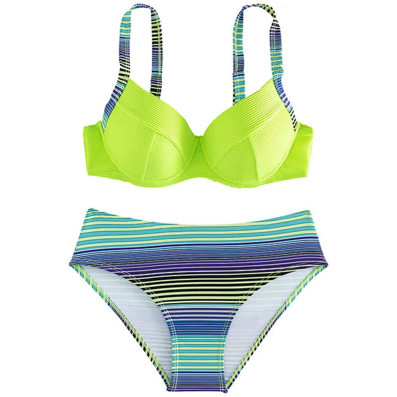 Green printed women's halter bikini set with split briefs on white background