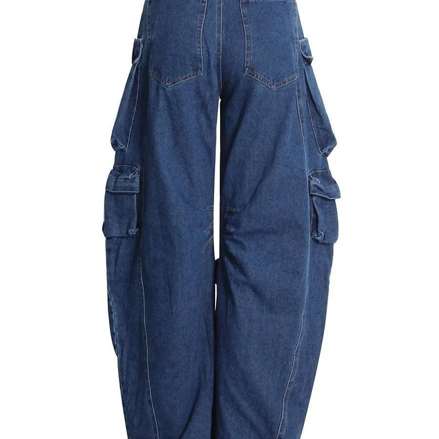 Dark blue distressed wide-leg jeans with multiple pockets and high waist design