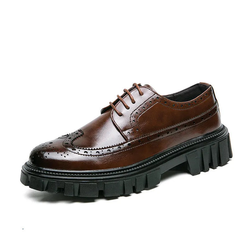 Men's black and brown business brogue leather shoes with round toe design