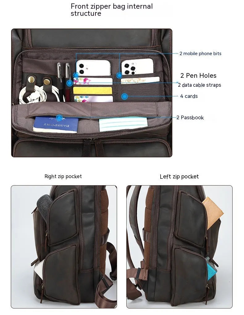 Dark brown retro crazy horse leather backpack for a 17-inch laptop, showing double shoulder straps and external pockets.