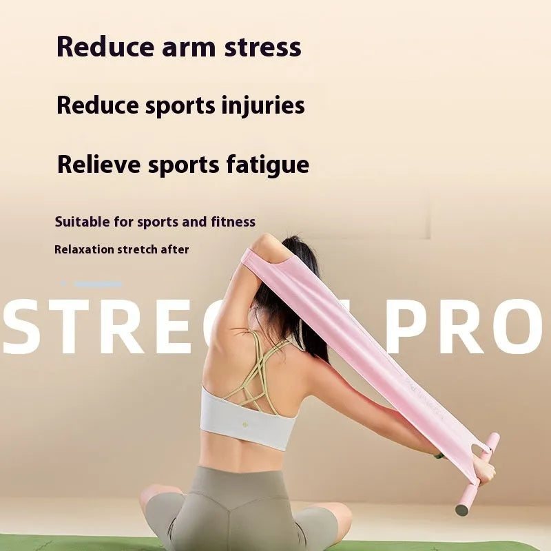 Grey or pink yoga stretching tool for open shoulder, back and hip flexibility exercises