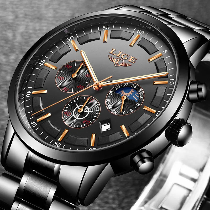 Men's waterproof quartz sports watch in black, blue, and rose gold colour combinations