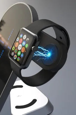 Black six-in-one wireless charger alarm clock with Type-C input charging Apple Watch and phone on desk