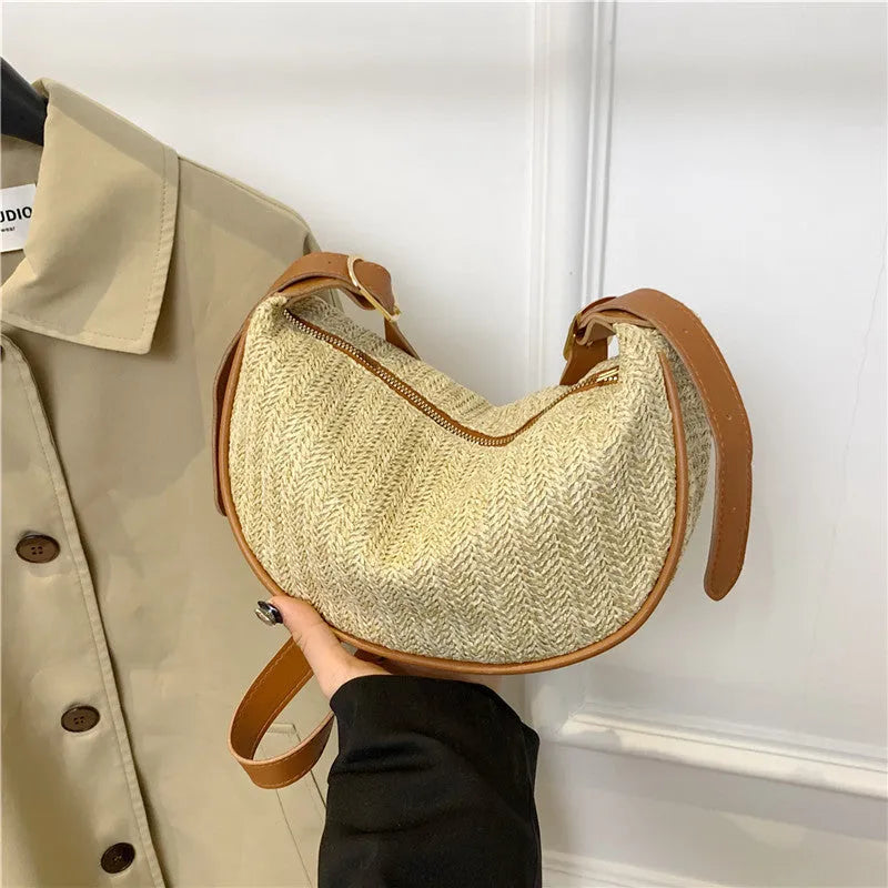 Women's portable knitted straw woven crossbody bag with single strap in corrugated black texture