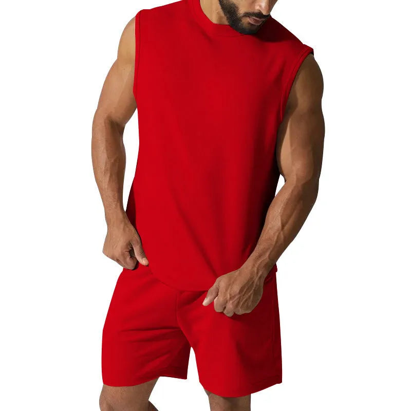 Men's sleeveless sports suit set showing sleeveless top and matching shorts in cotton blend fabric