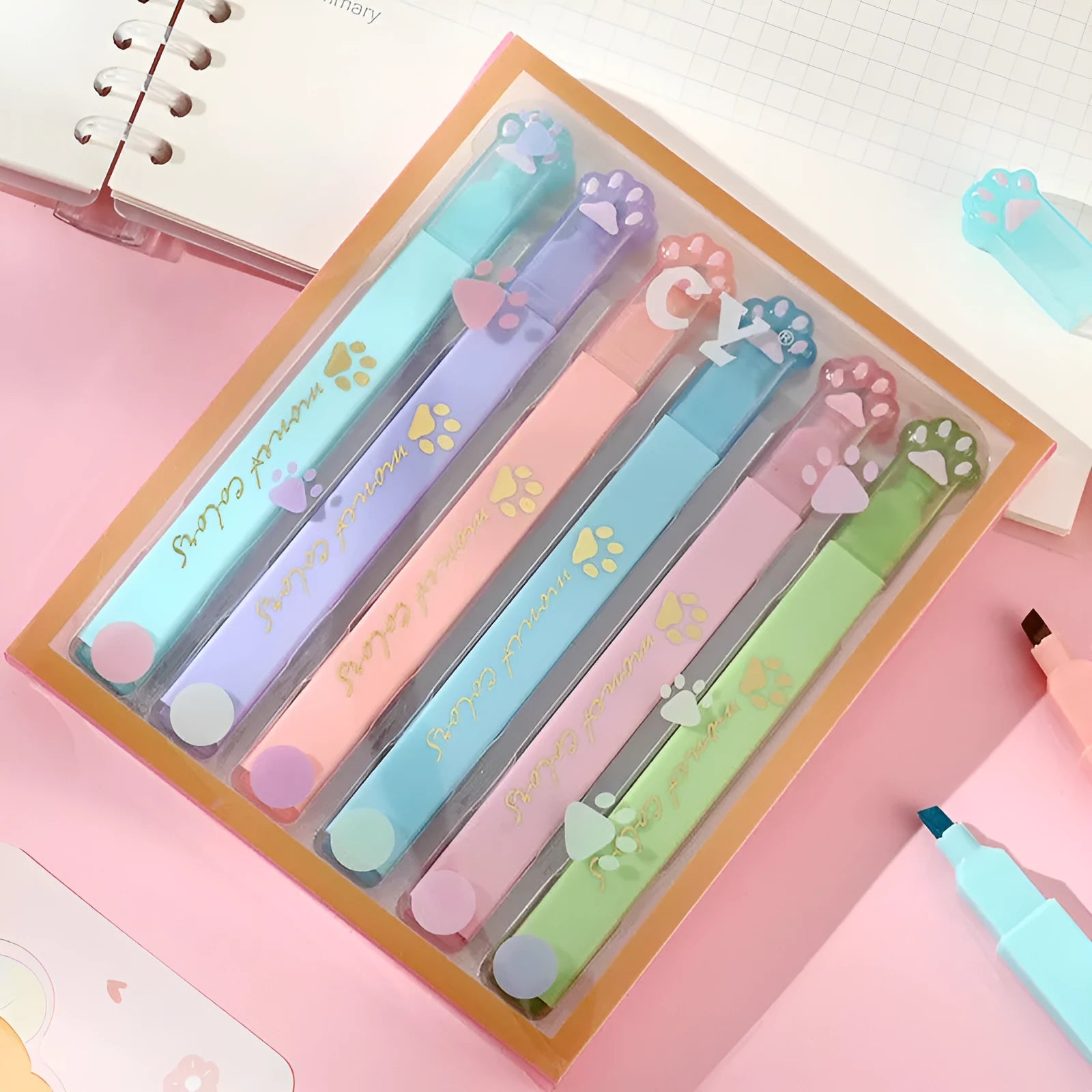 Cat's Paw fluorescent marking pen set showing six coloured pens with oblique heads in plastic packaging