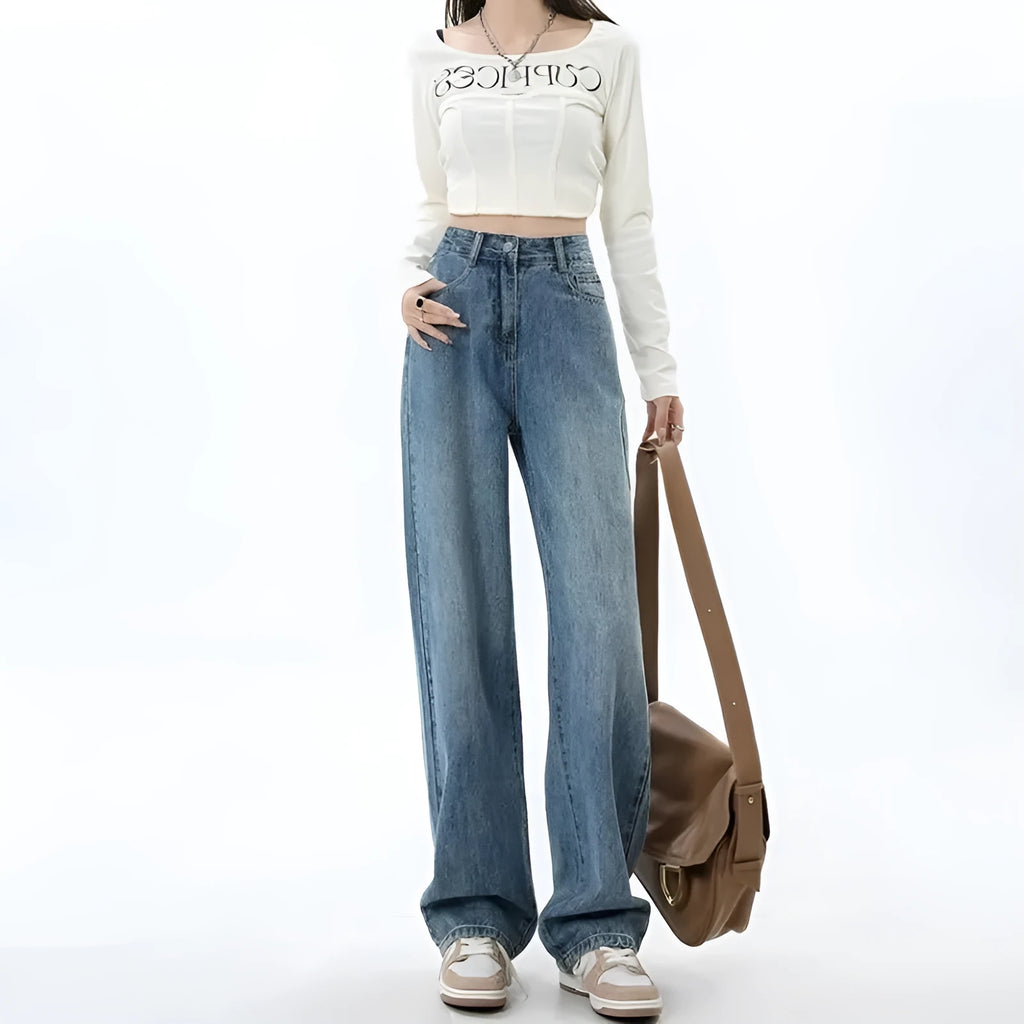 Women's retro blue wide leg jeans with high waist and straight leg cut