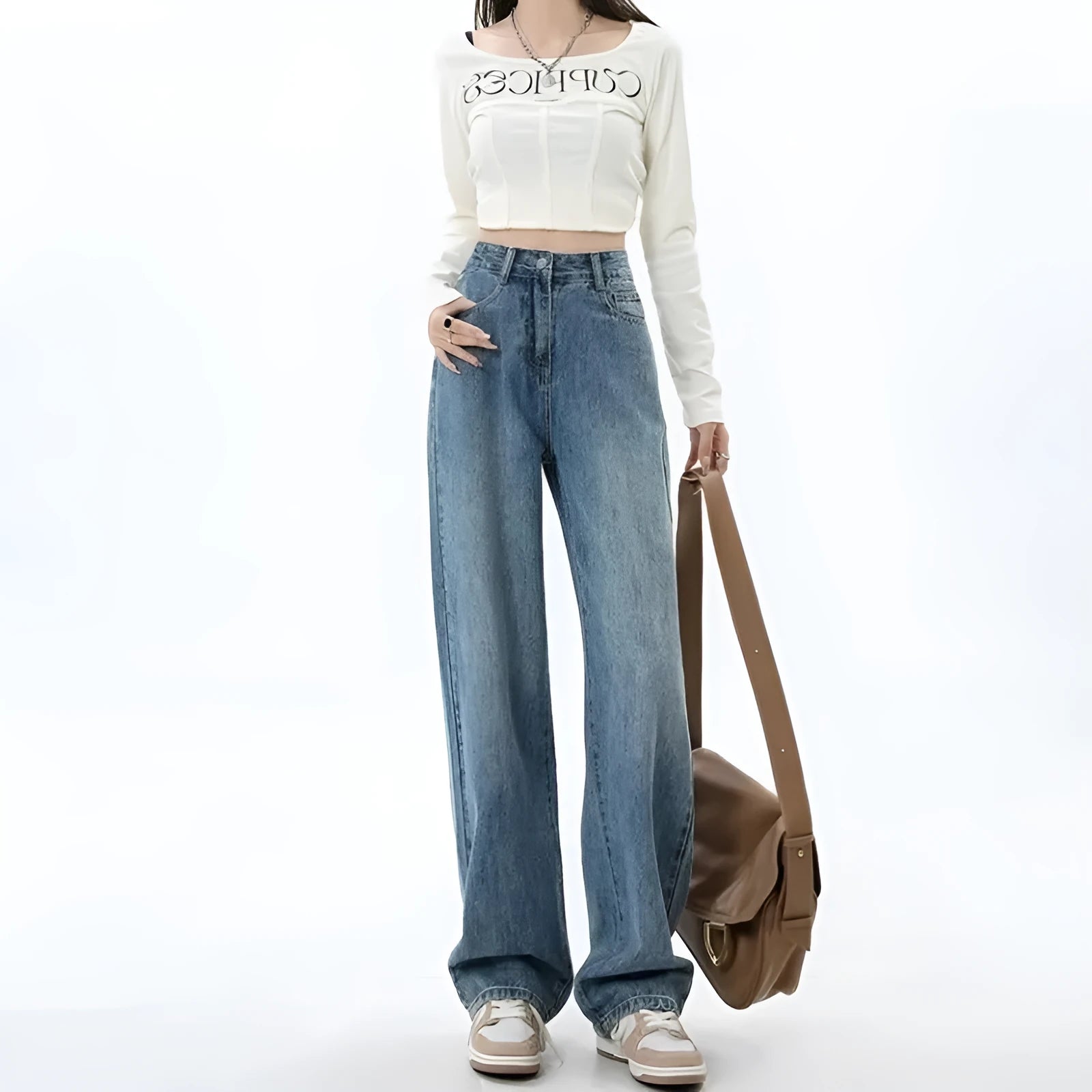 Women's retro blue wide leg jeans with high waist and straight leg cut