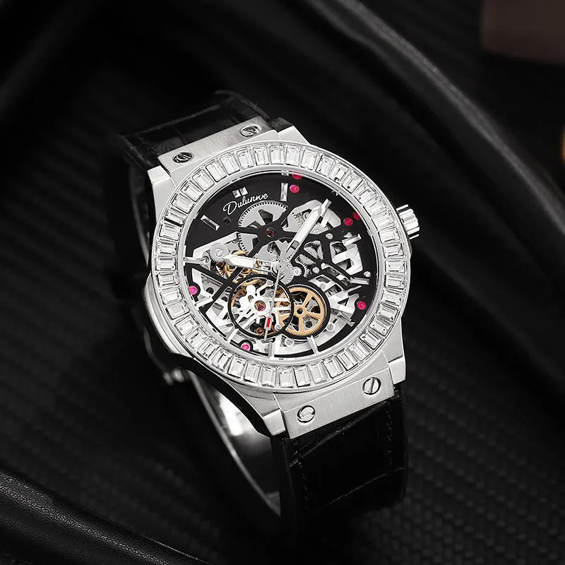 Men's automatic mechanical watch with diamond studding and hollow movement design on wrist
