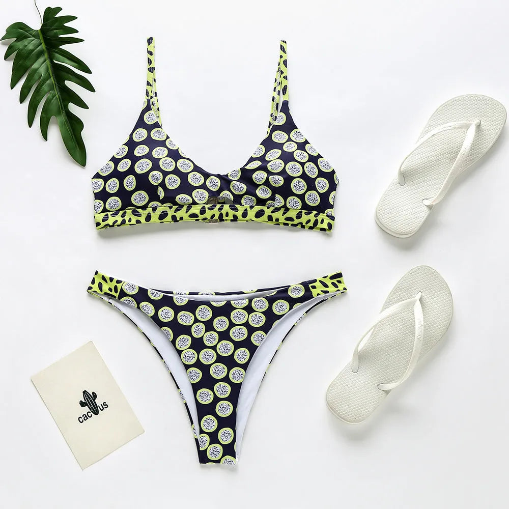 Women's bikini swimsuit set in black and white dot pattern and red and white stripe pattern.
