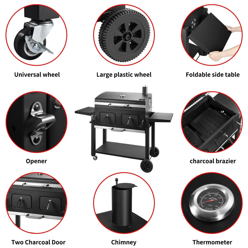 Extra large charcoal barbecue grill with foldable side tables and black metal body