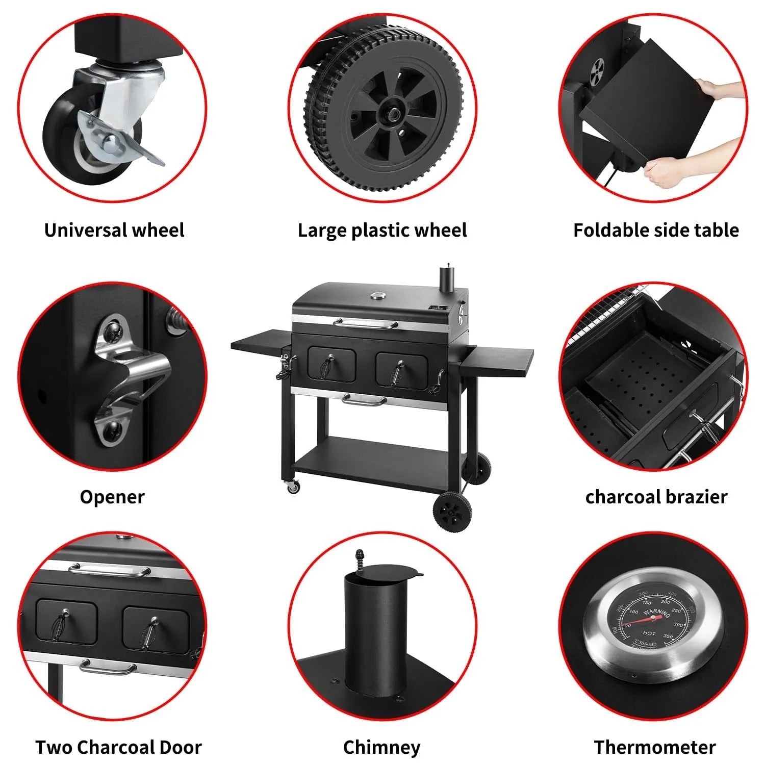 Extra large charcoal barbecue grill with foldable side tables and black metal body