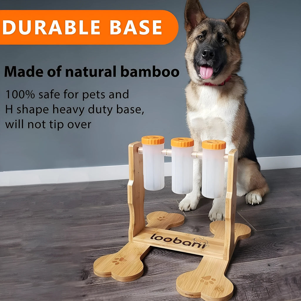 Wooden dog puzzle toy snack dispenser feeder in natural wood colour, showing size and design.