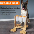 Wooden dog puzzle toy snack dispenser feeder in natural wood colour, showing size and design.