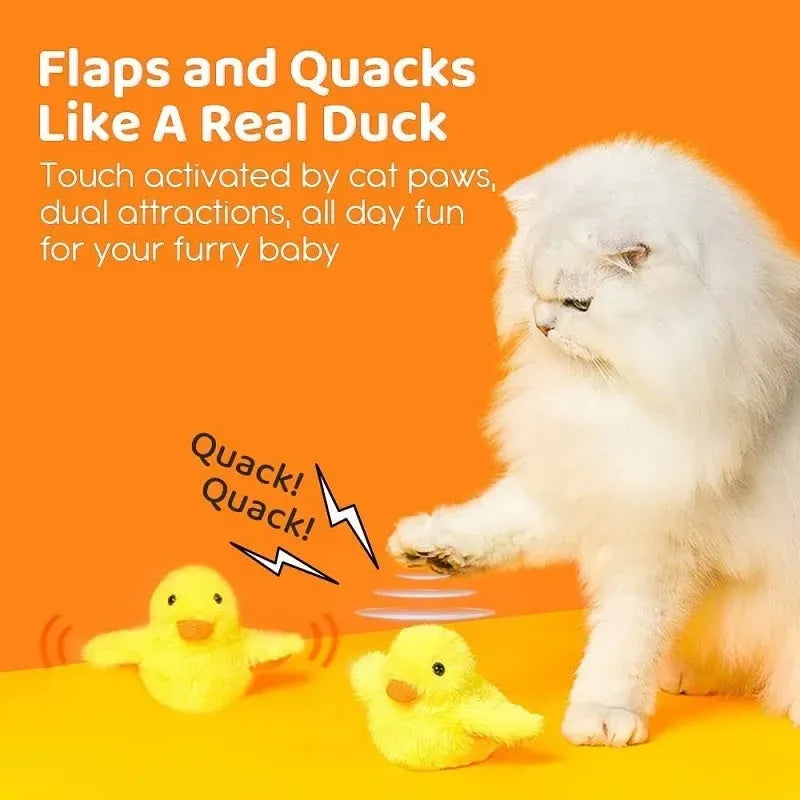 Yellow flapping duck cat toy with chick simulation shape on green background