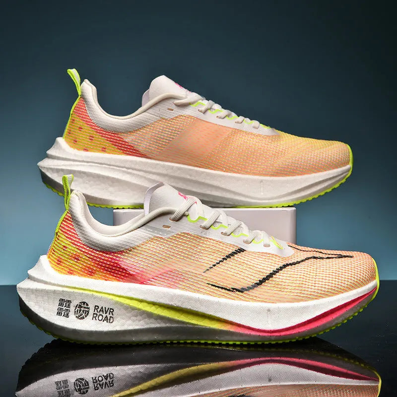 Unisex breathable shockproof running shoes in orange and white with striped pattern and rubber sole
