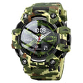 Round blue smart watch with touch screen on a black TPU strap, showing a heart rate display