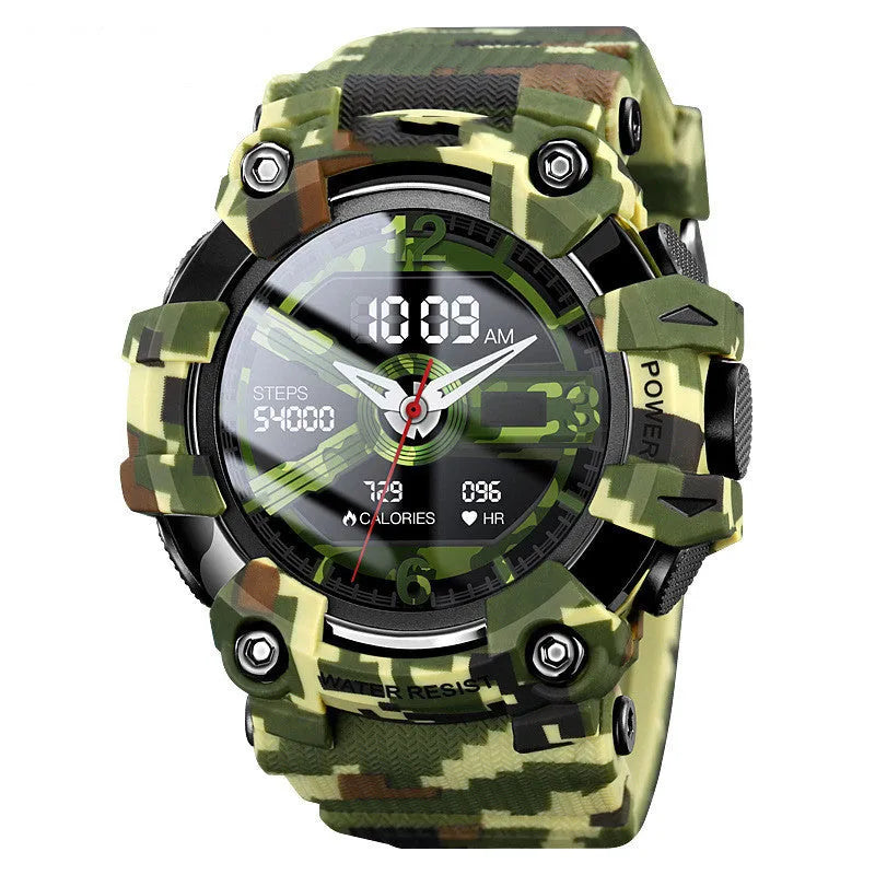 Round blue smart watch with touch screen on a black TPU strap, showing a heart rate display