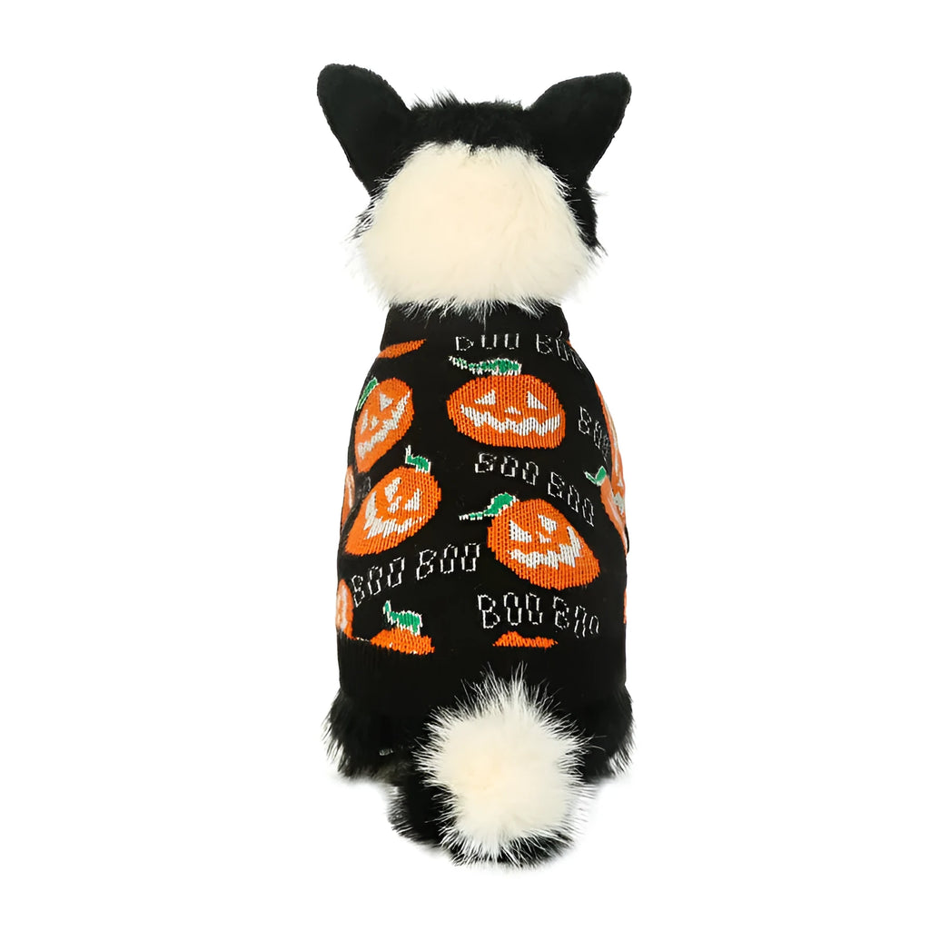 Black Halloween dog sweater with orange knitted pumpkin pattern on a mannequin, sizes S to XXL.