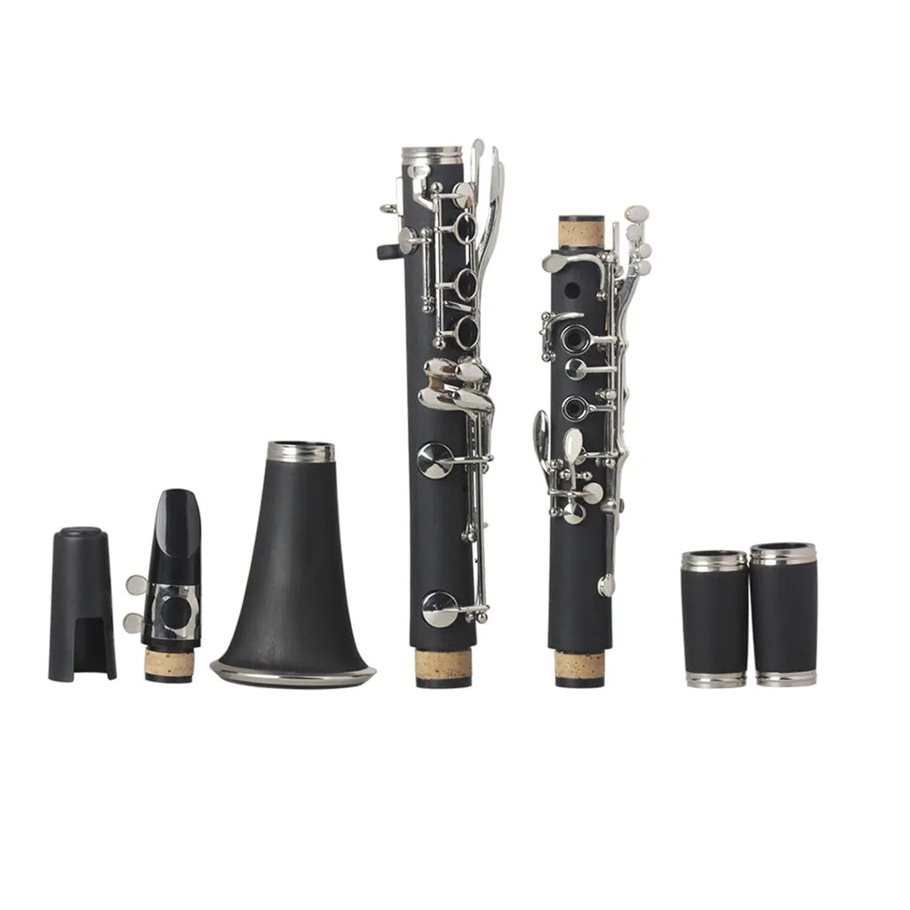 Black Bakelite clarinet with 17 nickel-plated keys and carrying bag for beginners