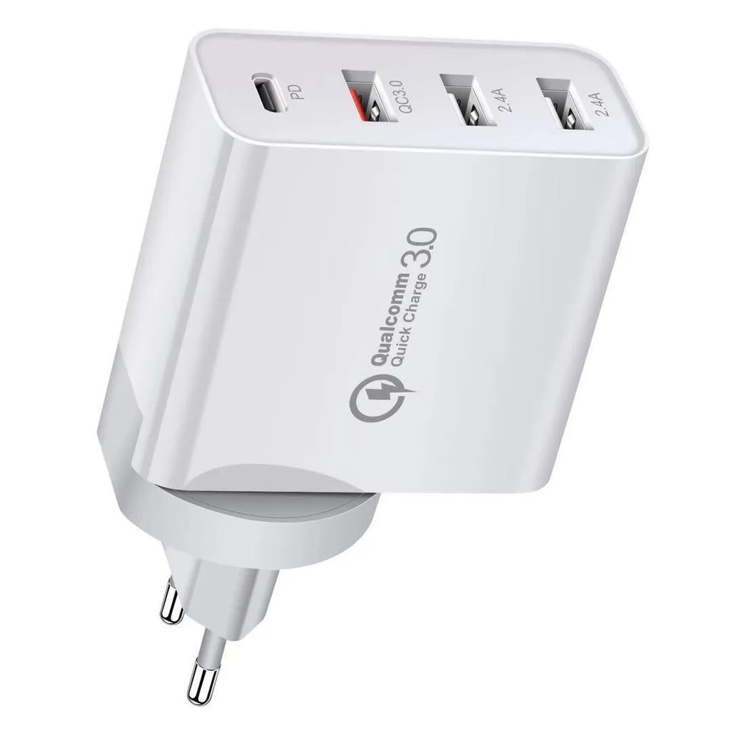 White multi-port fast charger with USB-C and USB-A ports plugged into a wall socket.