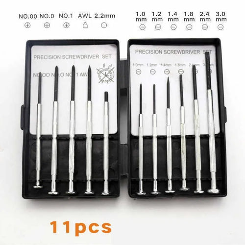 TH-6177 11 piece clock screwdriver set with cross and slotted heads on a workbench