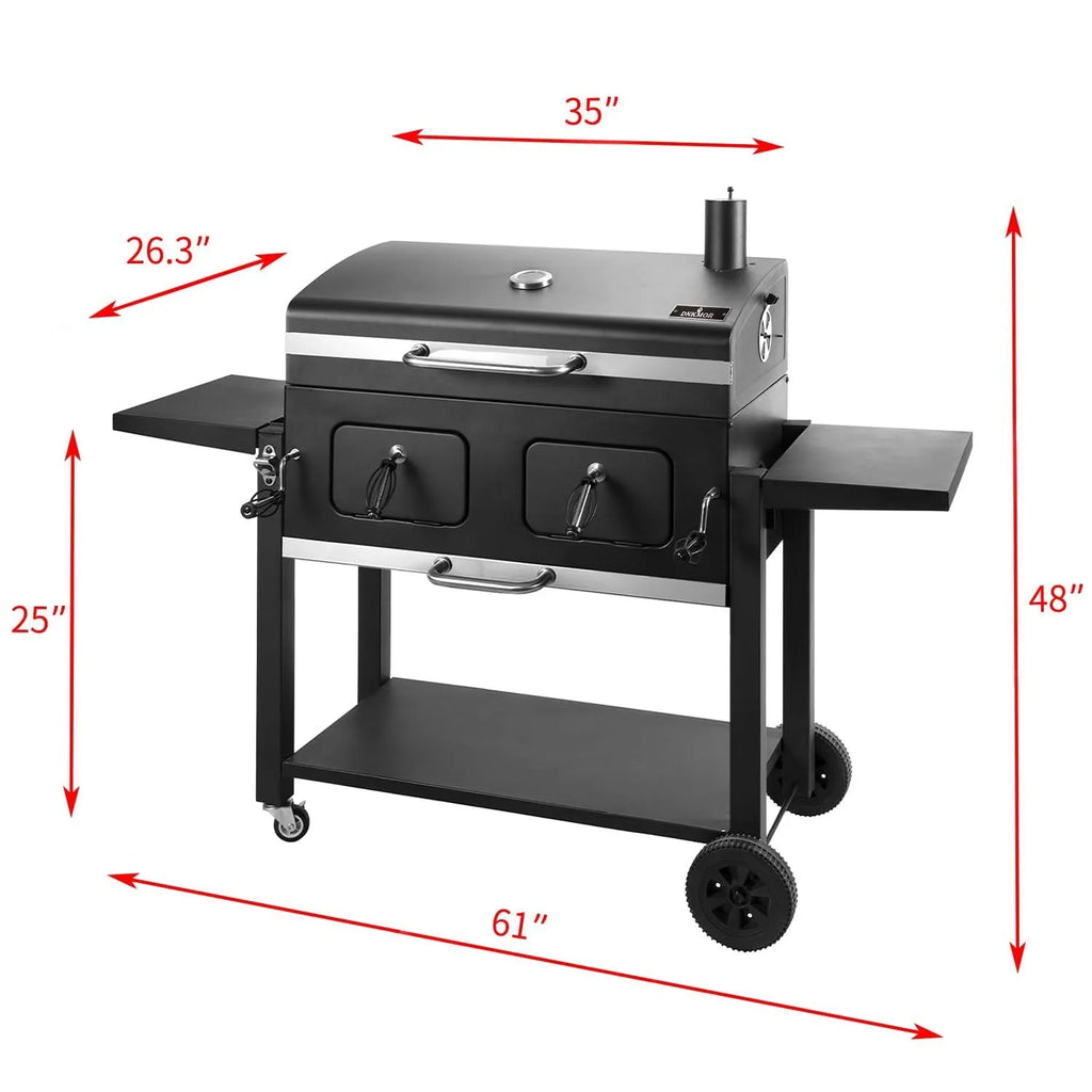 Extra large charcoal barbecue grill with foldable side tables and black metal body