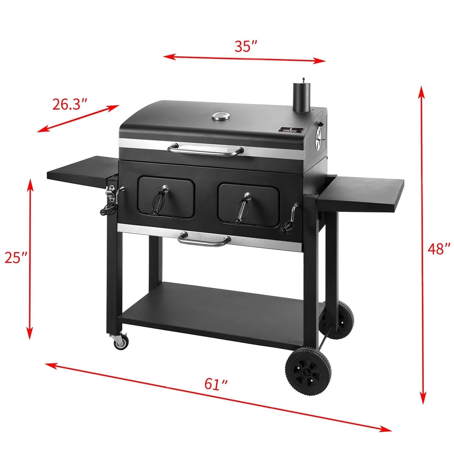 Extra large charcoal barbecue grill with foldable side tables and black metal body