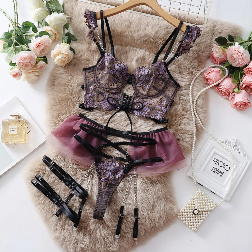 Light blue transparent lace bra set with embroidery and matching pants