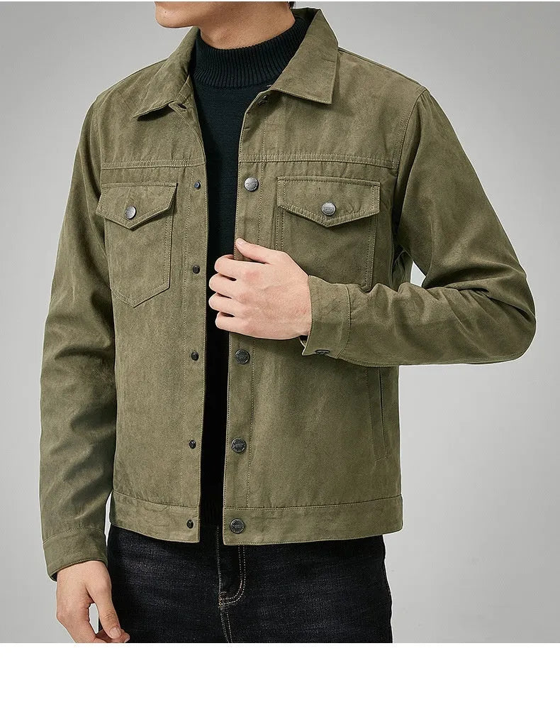 Men's casual brushed suede slim fit jacket in khaki, with shirt sleeves and topstitching slit pockets