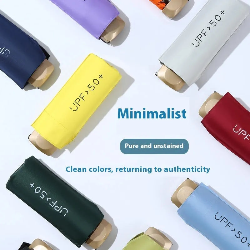 Closed five-fold mini pocket sun umbrella with a rubber handle, shown in a choice of colours.