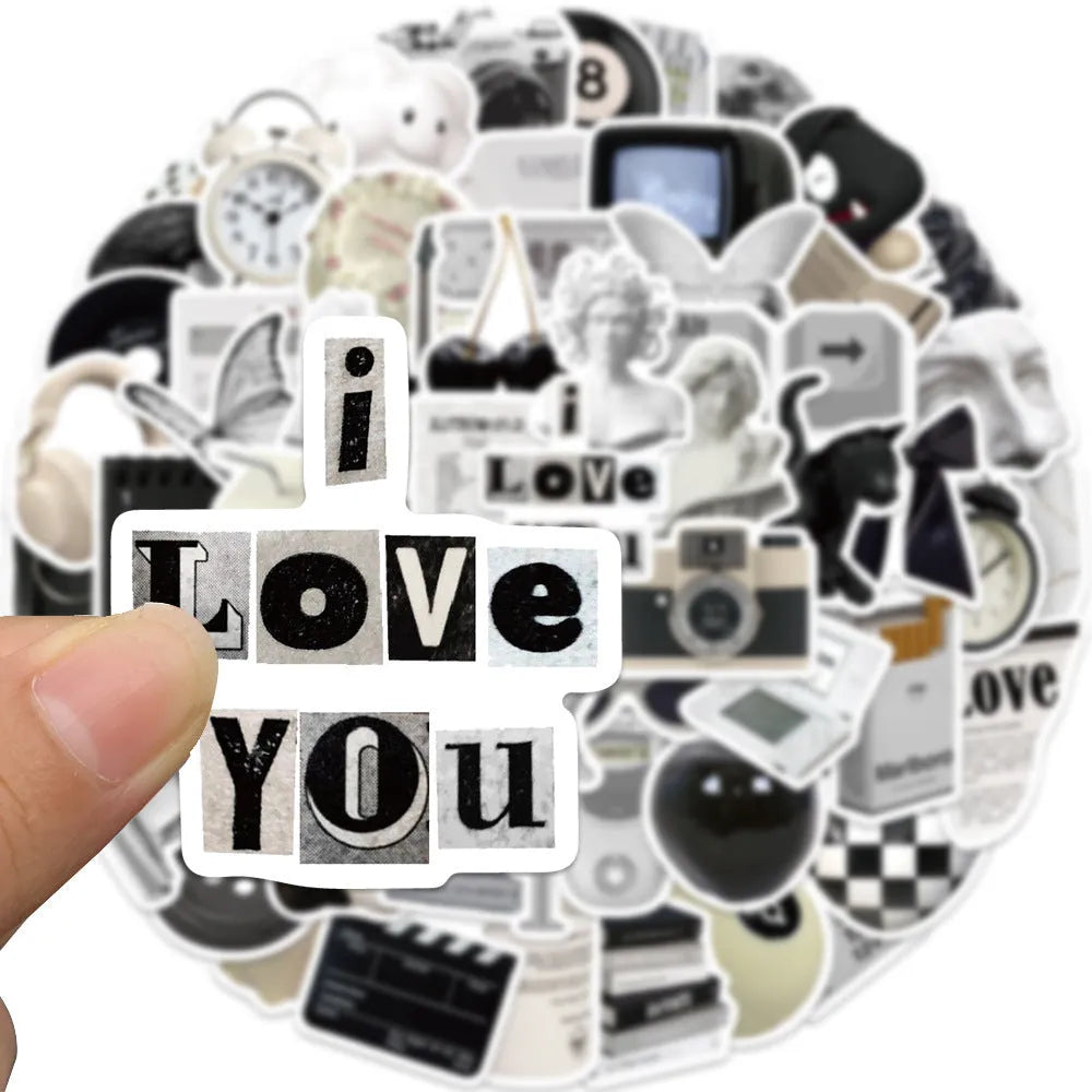 Black and white PVC vinyl sticker pack with 61 pieces for laptops and phones
