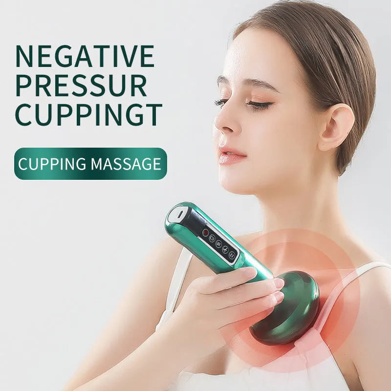 Green electric vacuum cupping massager with infrared heating and adjustable suction controls