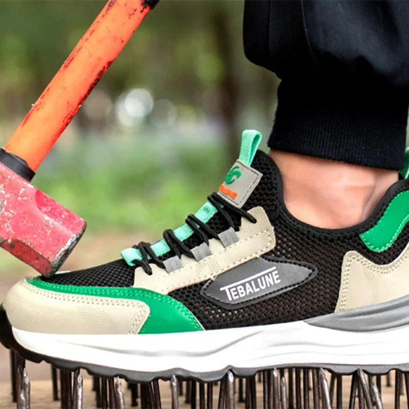 Black and green plastic steel toe safety shoes with mesh upper panels and TPU sole